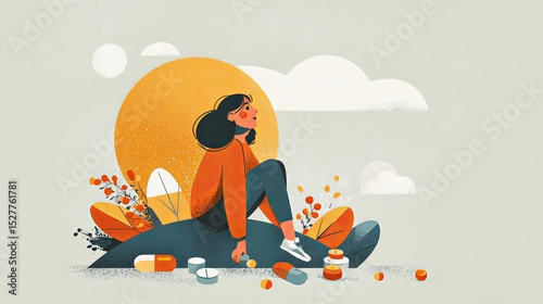 Lonely woman with coffee cup sitting on ground