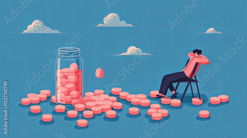 Man Sitting on Pile of Pills - Depression Illustration