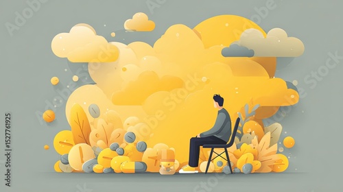 Man Depressed Sitting in Front of Cloud Illustration
