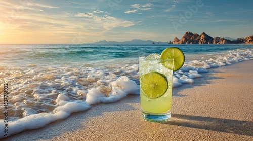 Cold lime cocktail on sandy beach with ocean waves and golden sunset in tropical summer paradise