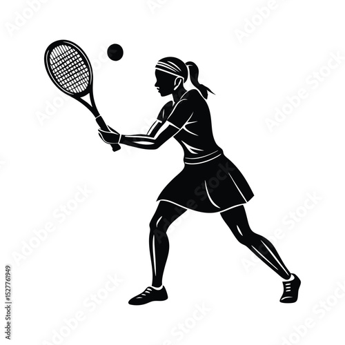 Dynamic silhouette of a female tennis player ready to hit the ball with racket