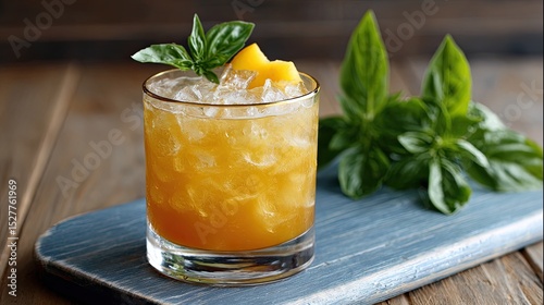 Refreshing mango cocktail with crushed ice and basil garnish served on wooden tray in summer setting