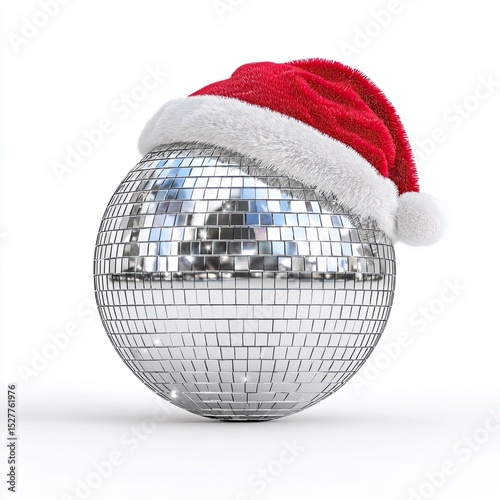 Shiny disco mirror ball wearing Santa hat isolated on white background for Christmas party concept
