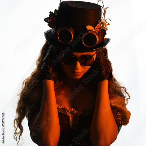 close up portrait of Steampunk Botanist, mad scientist, female model in Victorian Costume with top hat and goggles. Redhead Fantasy Character Posing on White Studio Background