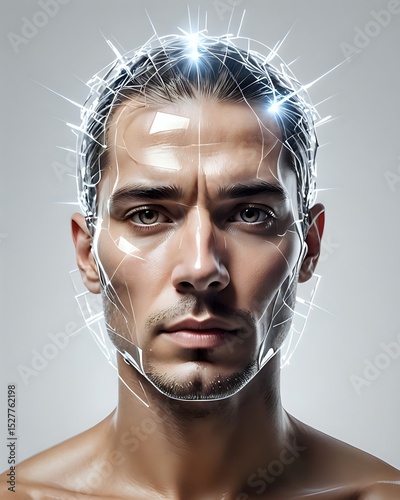A Transparent Glass Human Head with light Beams Emerging from Within, against a Clean White Background. Concept of Insight, Understanding, enlightenment