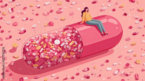 Woman on Pink Pill - Mental Health Illustration