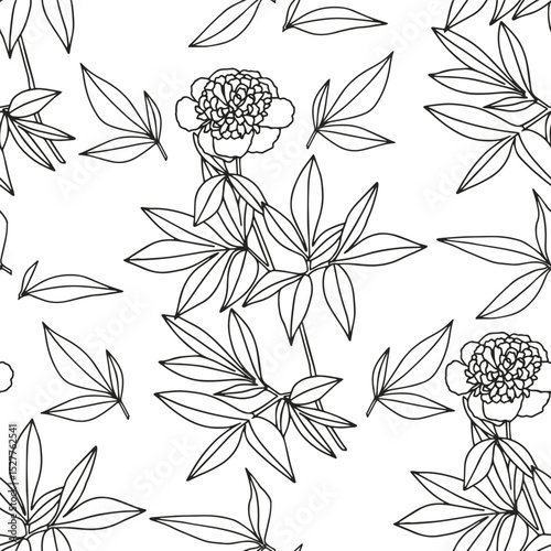 Peony branch with leaves. Coloring page for adults and children.