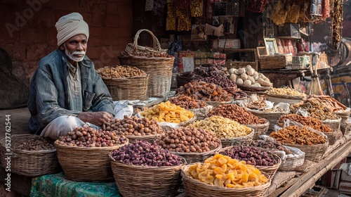 Indian vendor selling dried fruit at market stall