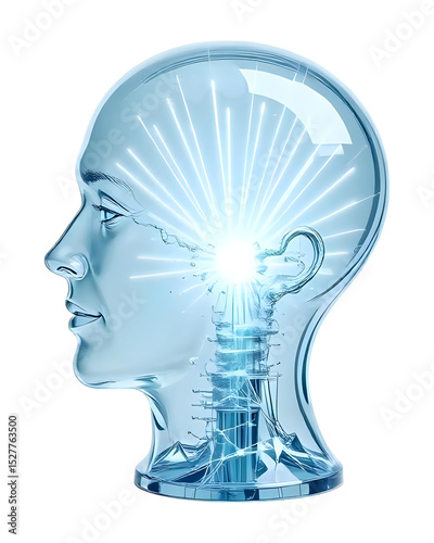 A Transparent Glass Human Head with light Beams Emerging from Within, against a Clean White Background. Concept of Insight, Understanding, enlightenment