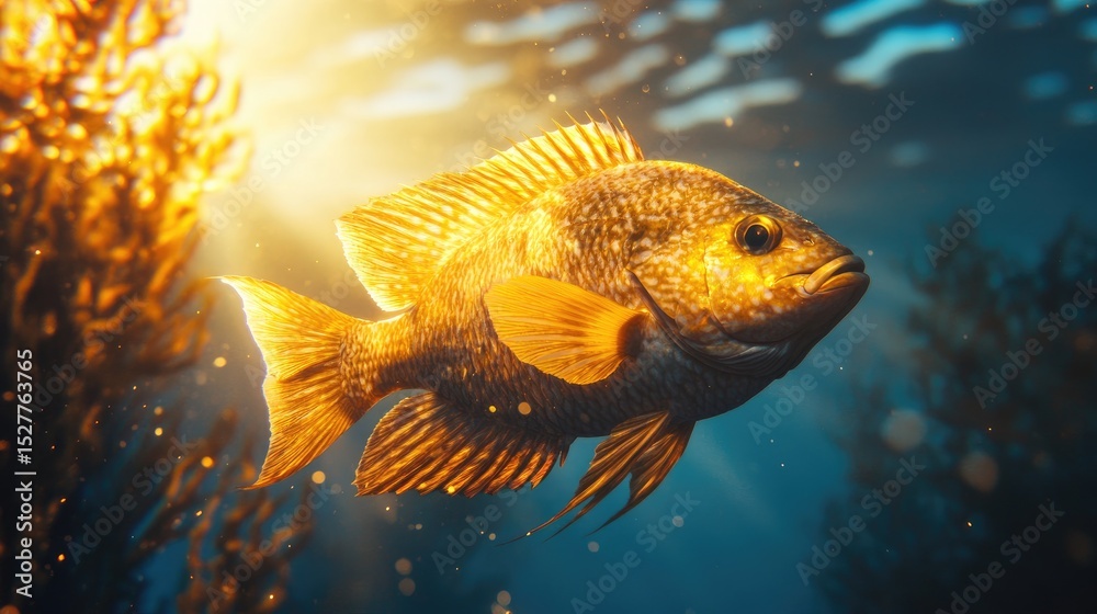 Fototapeta premium Golden fish swims in sunlit underwater kelp forest
