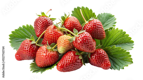 A fresh pile of ripe and unripe strawberries on a bed of leaves Transparent PNG