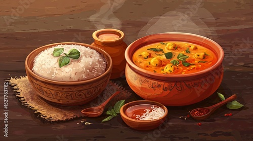 Delicious Traditional Indian Dal with Rice and Spicy Soup