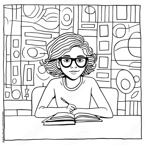 Creative Woman Writing in Notebook with Artistic Background Illustration