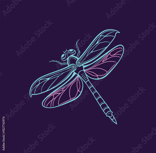 Glowing dragonfly in neon blue and purple lights on dark background with futuristic clean style
