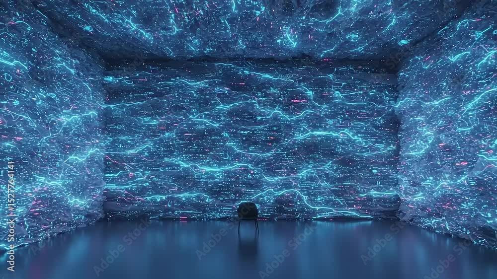 Abstract blue futuristic room with glowing lines and geometric structures interior