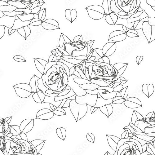 Rose branch with leaves. Coloring page for adults and children.