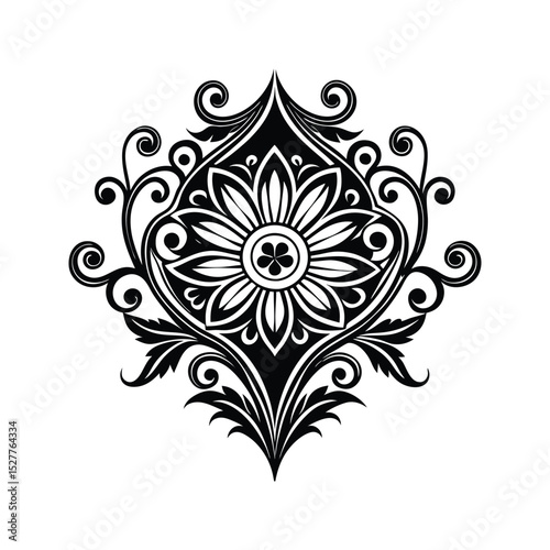 Elegant black and white floral ornament design with detailed swirls and flourishes for decorative usage