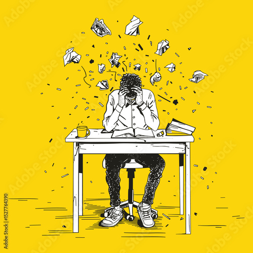 Frustrated Student at Desk with Flying Papers Illustration
