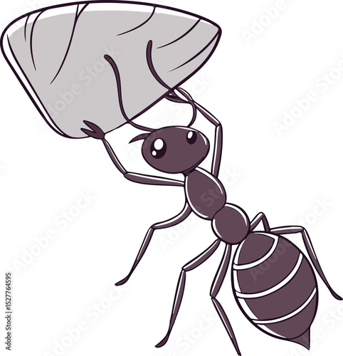 Strong ant holding a rock in flat clean form with bold look on clear white for concept art