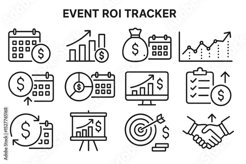 Event roi tracker icons: calendars, graphs, money bags, and handshake illustrations