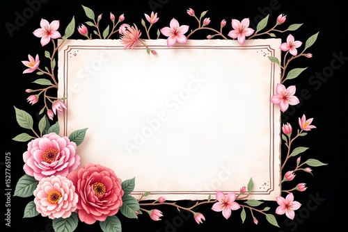 Floral frame with flowers on black background and space for text