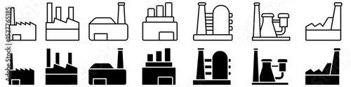 Industrial factories vector icons set. Factory icon illustration collection. Industry power, chemical manufacturing building warehouse nuclear energy plant. 