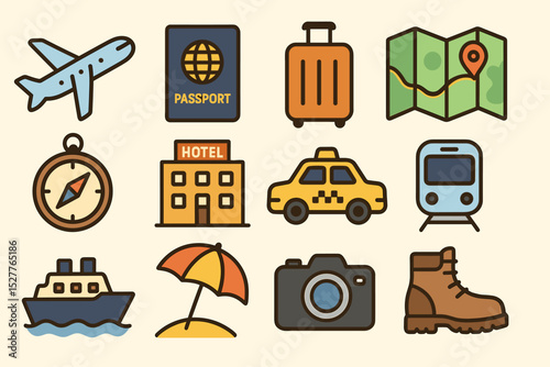 Travel icons set featuring transportation, accommodation, and navigation elements