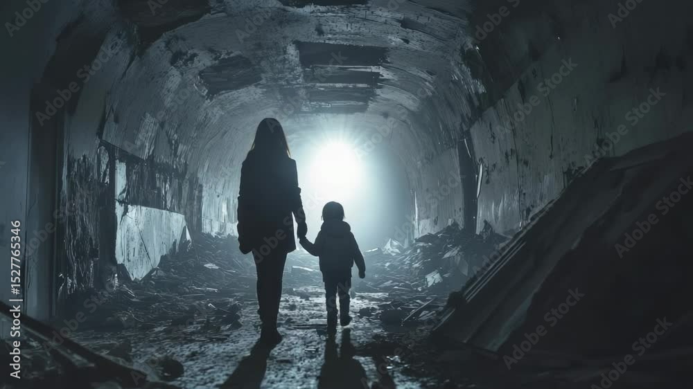 Dark concrete tunnel casting long shadows. Woman and child walking together. Silhouetted figures seeking hope through destruction's desolate pathway. Searching for light amid apocalyptic devastation