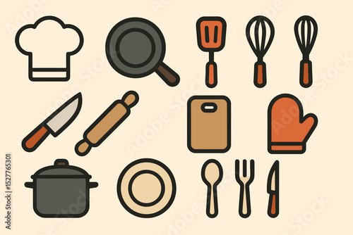 Collection of kitchen utensils including pans and cutlery on beige background
