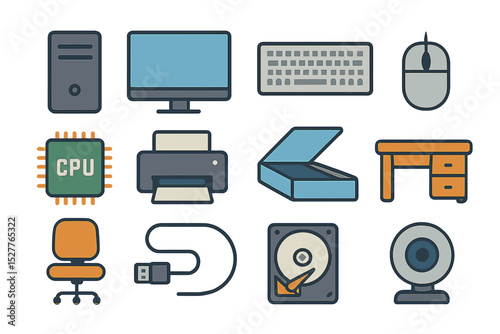 Modern computer equipment and accessories on yellow background