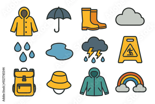 Colorful rainy weather icons: jacket, umbrella, boots, cloud, and more