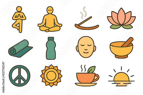 Meditation and yoga icons set with lotus, incense, and zen symbols on gold background