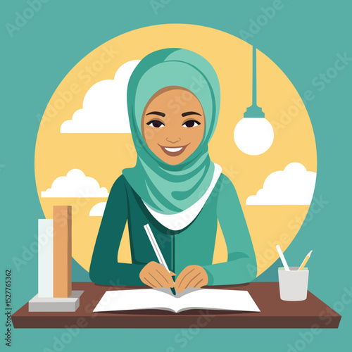 Muslim Girl Studying with Books at Desk in Hijab Illustration