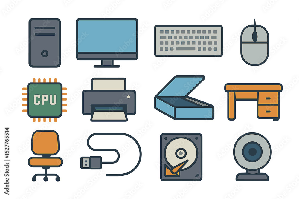 Modern computer equipment and accessories on yellow background