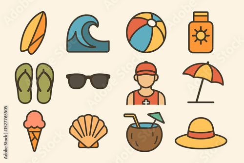 Summer beach icons: surfboard, wave, ball, sunscreen, flip-flops, sunglasses, lifeguard, umbrella, ice cream, shell, coconut, hat