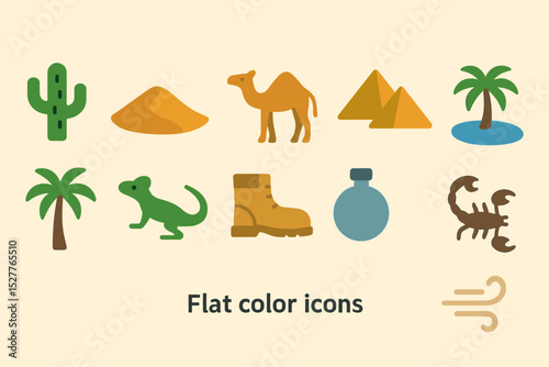 Desert symbols: cactus, camel, sand dunes, palm trees, lizard, scorpion