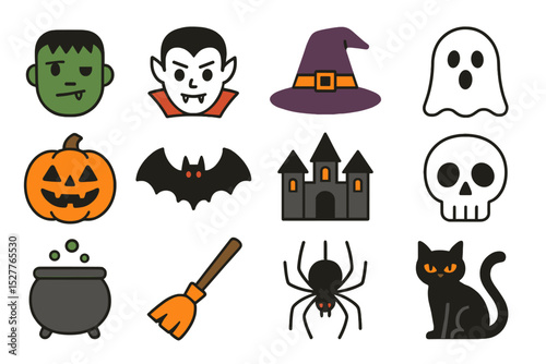 Halloween icons: spooky symbols featuring vampire, witch, ghost, and more
