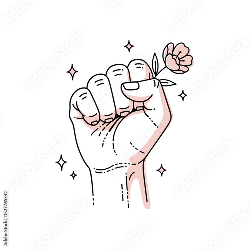 Fist holding a flower with sparkling stars in a minimalist style  