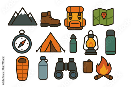 Camping gear collection: backpack, tent, lantern, map, compass, and more essentials