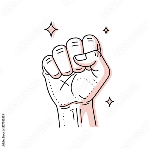 Raised fist with sparkles in a minimalist illustration style  