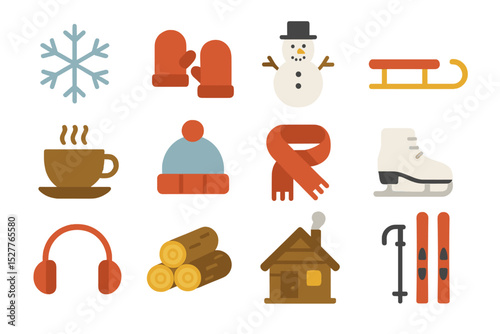 Winter icons set: snowflake, snowman, skis, ice skate, warm clothing