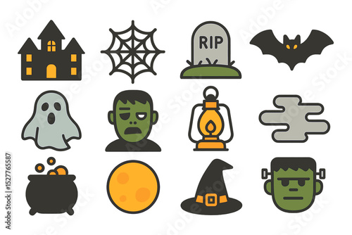 Halloween icons: haunted house, ghost, bat, spider web, frankenstein, witch hat