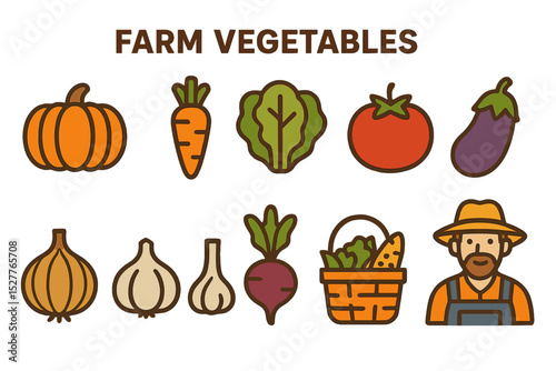 Colorful farm vegetables and farmer vector illustration