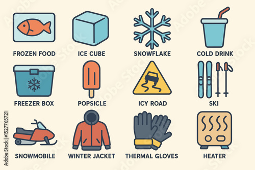 Winter essentials: freezer, popsicle, snowflake, and ski icons