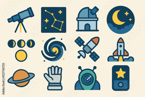 Space exploration icons: telescope, rocket, planets, astronaut glove, alien, observatory, stars, moon