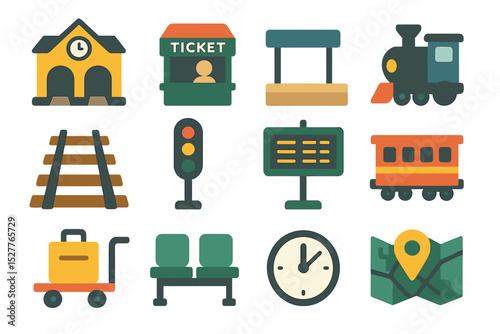 Colorful train station elements: tickets, timetable, tracks, and transport icons