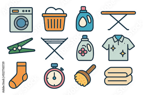 Colorful laundry icons set: washing machine, detergent, ironing board, and more