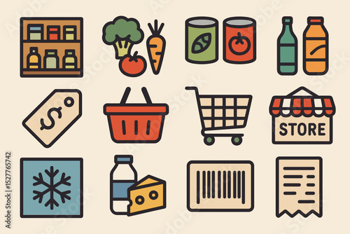 Colorful grocery icons set featuring food, drink, and shopping elements
