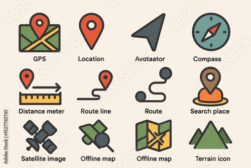 Colorful gps and navigation icons featuring maps, compass, and location markers