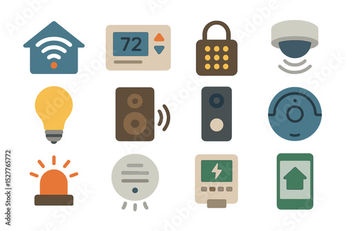 Smart home technology icons including security camera, thermostat, and speaker system